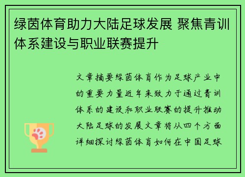 绿茵体育助力大陆足球发展 聚焦青训体系建设与职业联赛提升