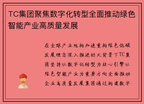 TC集团聚焦数字化转型全面推动绿色智能产业高质量发展 TC集团聚焦数字化转型全面推动绿色智能产业高质量发展