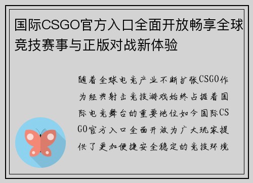 国际CSGO官方入口全面开放畅享全球竞技赛事与正版对战新体验 国际CSGO官方入口全面开放畅享全球竞技赛事与正版对战新体验