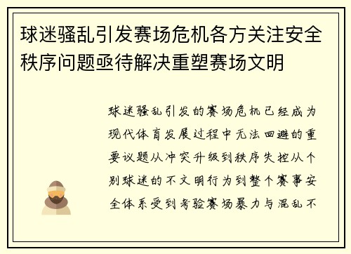 球迷骚乱引发赛场危机各方关注安全秩序问题亟待解决重塑赛场文明